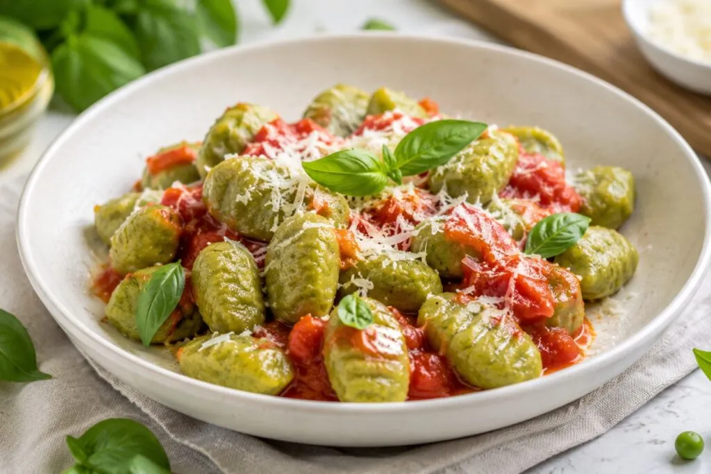 Ñoquis de arvejas caseros con ingredientes frescos para una receta saludable rica en fibra y proteínas vegetales.