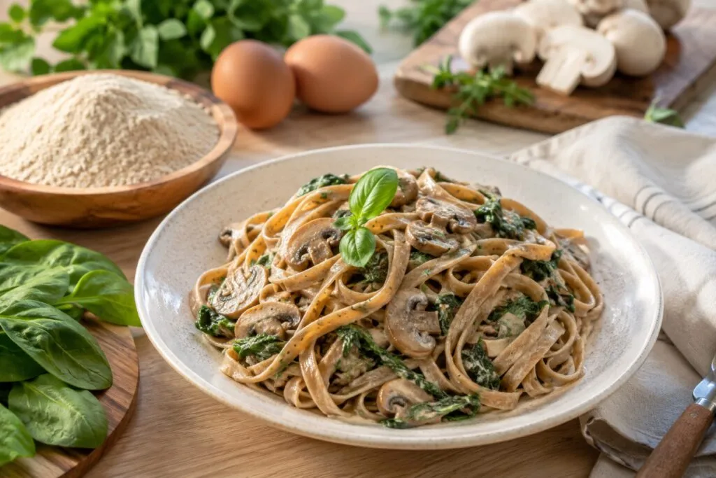 Fideos integrales caseros con ingredientes frescos para una alimentación saludable y equilibrada.