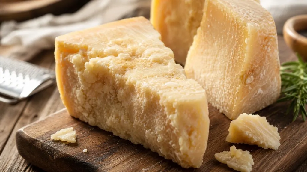 Queso Grana Padano con verduras frescas para recetas saludables inspiradas en la dieta mediterránea.