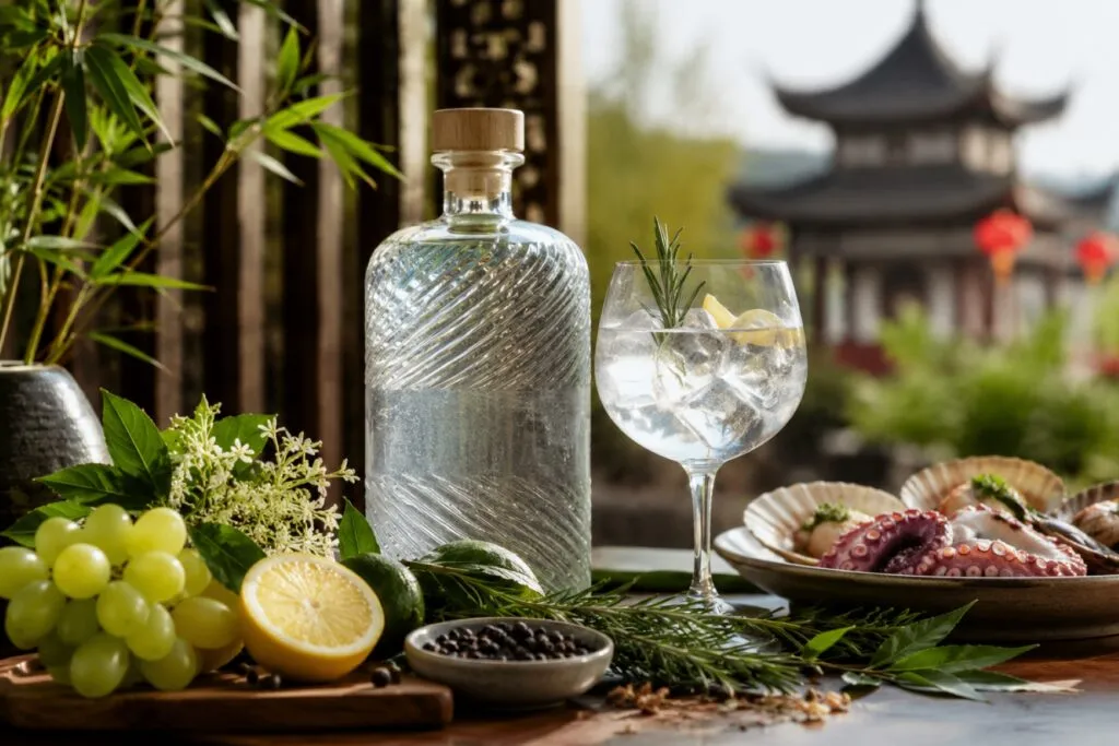 Ginebra gallega premium inspirada en Galicia con ingredientes botánicos y presentación elegante para el mercado chino.
