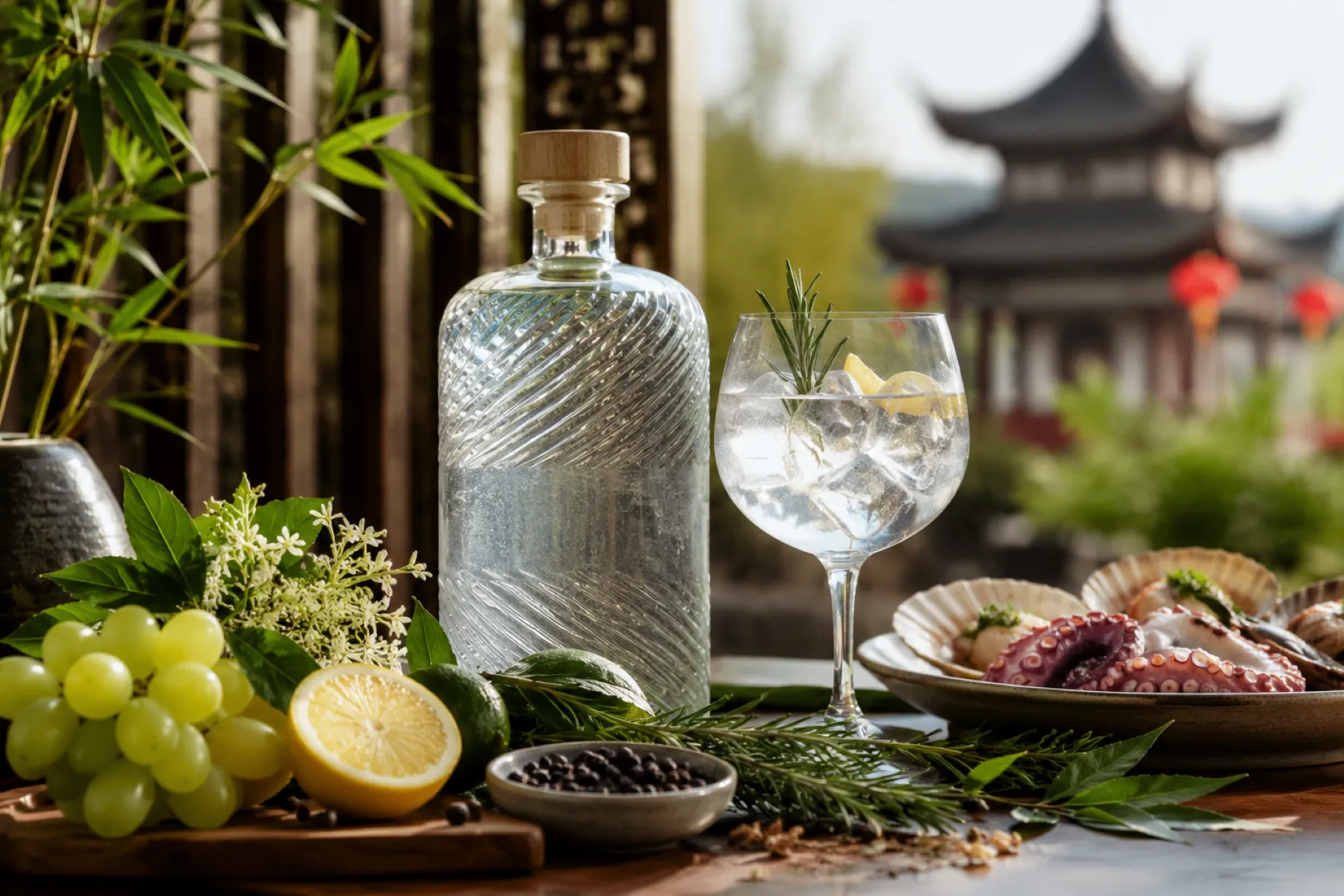 Ginebra gallega premium inspirada en Galicia con ingredientes botánicos y presentación elegante para el mercado chino.