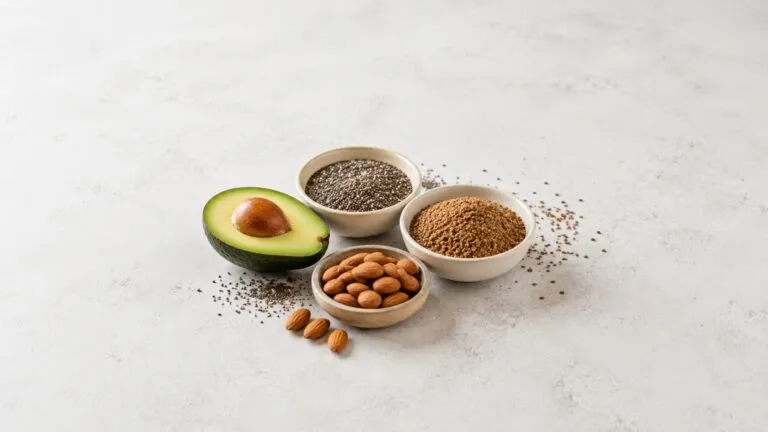Alimentos con fibra y grasas saludables como aguacate, chía, lino y almendras
