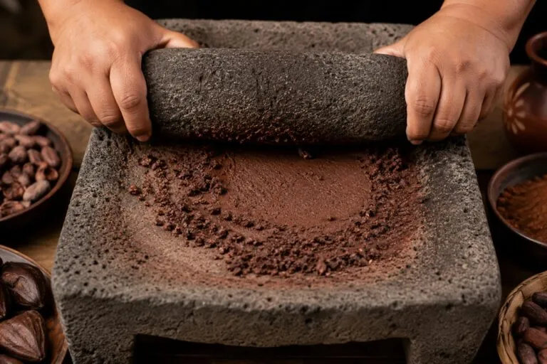 Chocolate de metate elaborado con cacao sobre piedra volcánica mediante una técnica artesanal mexicana
