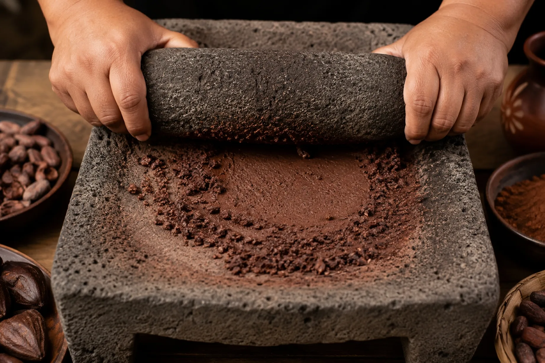 Chocolate de metate elaborado con cacao sobre piedra volcánica mediante una técnica artesanal mexicana