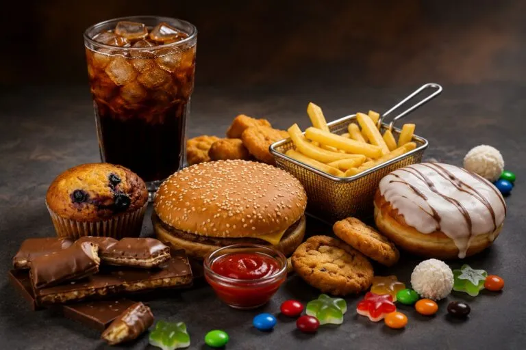 Selección de alimentos frescos junto a productos procesados para representar una alimentación equilibrada y una mejor calidad nutricional.