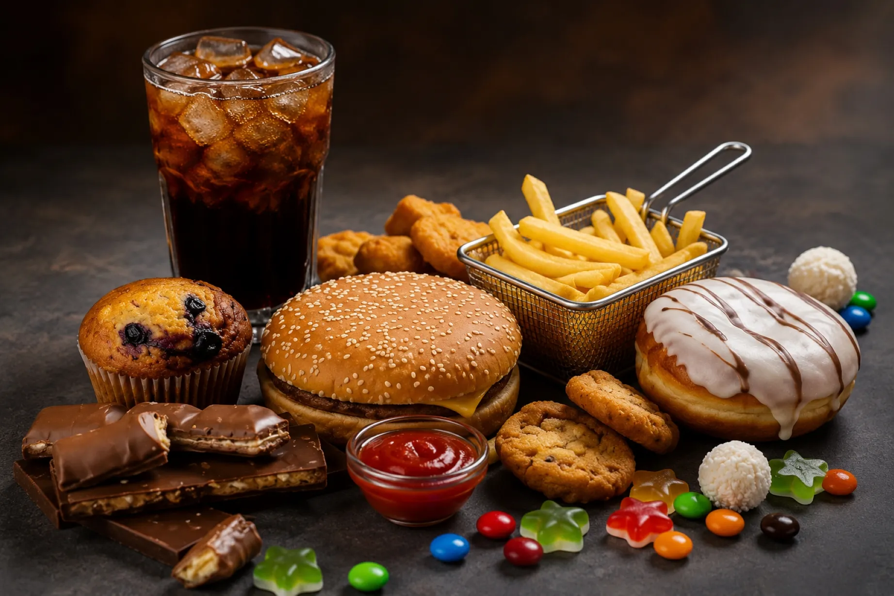 Selección de alimentos frescos junto a productos procesados para representar una alimentación equilibrada y una mejor calidad nutricional.