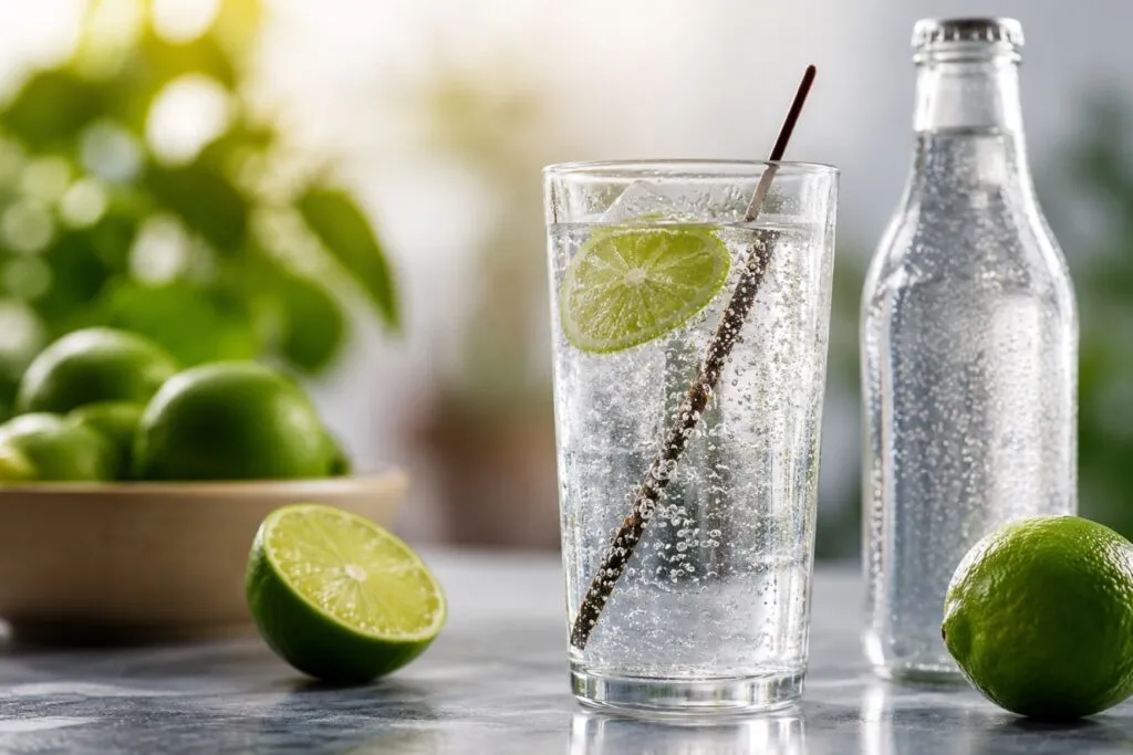 Vaso de agua mineral con burbujas junto a una botella, representando una hidratación saludable con agua mineral.