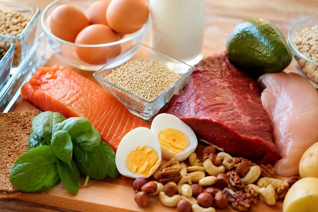 Alimentos ricos en proteínas junto a una persona con estilo de vida sedentario para ilustrar los efectos del exceso de proteína.