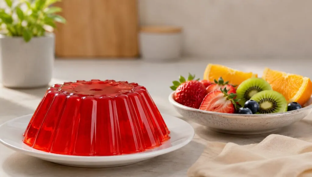 Gelatina para niños junto a frutas frescas como alternativas de postre dentro de una alimentación saludable.