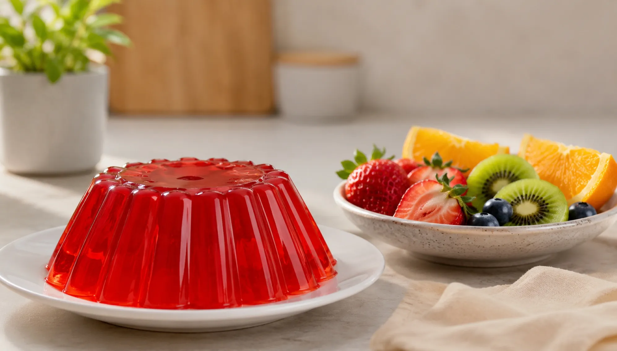 Gelatina para niños junto a frutas frescas como alternativas de postre dentro de una alimentación saludable.