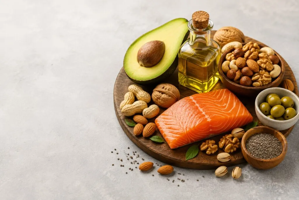 Alimentos ricos en grasas saludables como aguacate, frutos secos, pescado y aceite de oliva para una dieta equilibrada.