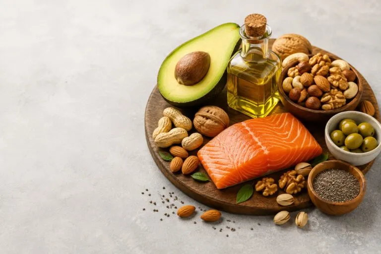 Alimentos ricos en grasas saludables como aguacate, frutos secos, pescado y aceite de oliva para una dieta equilibrada.