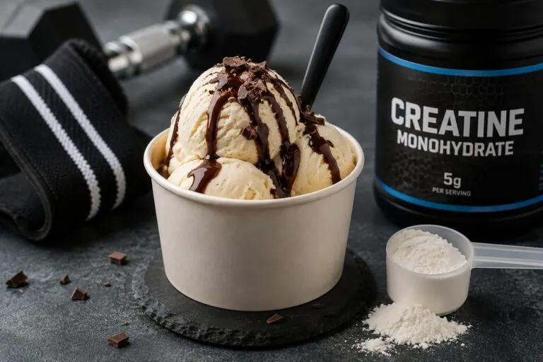 Helado con creatina como alimento funcional para personas que entrenan y buscan nuevas formas de consumir el suplemento.
