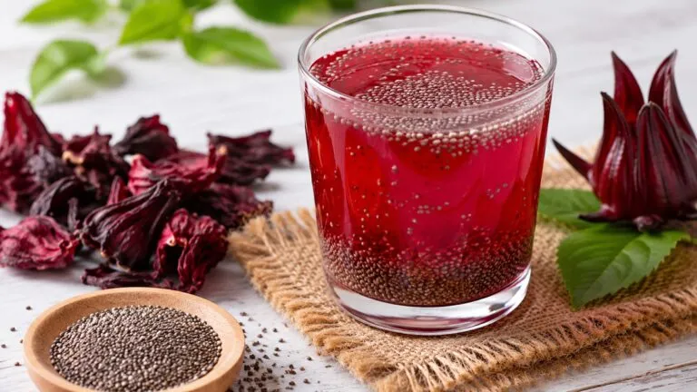 Agua de jamaica con chía, bebida que aporta fibra y compuestos antioxidantes.