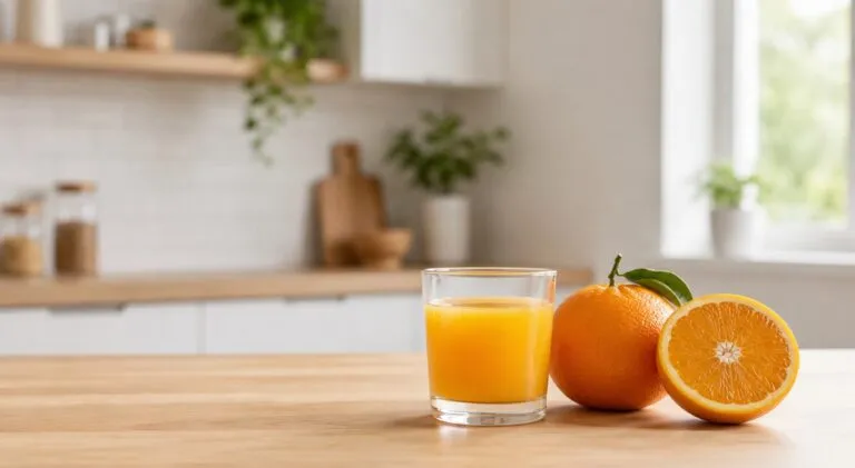 Jugo de naranja junto a fruta entera como opciones dentro de una alimentación saludable con control de azúcares libres.