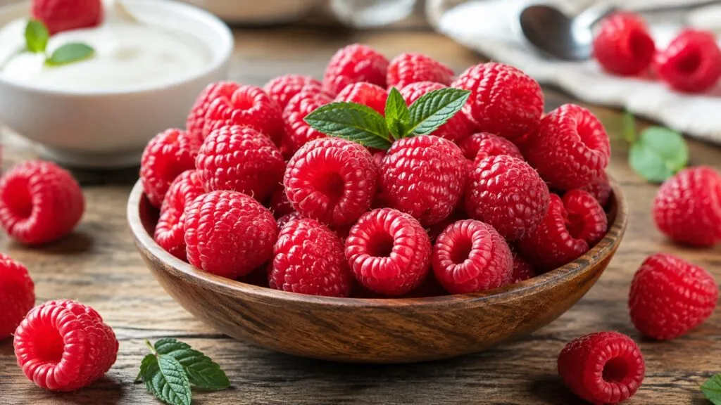 Frambuesas frescas ricas en vitamina C y fibra, ideales para favorecer la salud digestiva y una alimentación equilibrada.