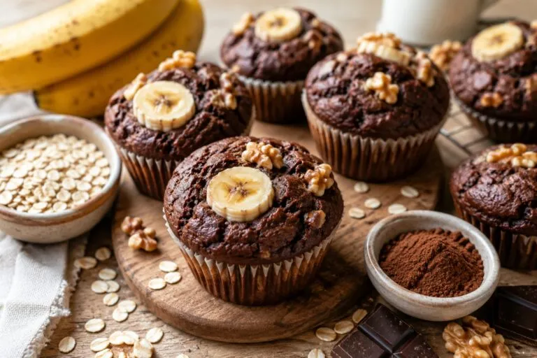 Muffins de chocolate sin azúcar con plátano, avena y cacao puro para desayunos y meriendas caseras