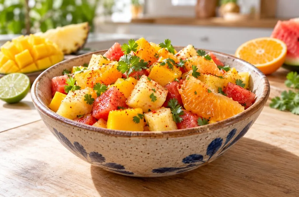 Ceviche de frutas con productos de temporada, limón y chile, preparado para servirlo con seguridad en casa.