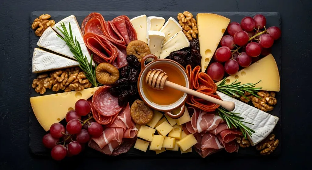 Tabla de quesos equilibrada con frutas, frutos secos y pan