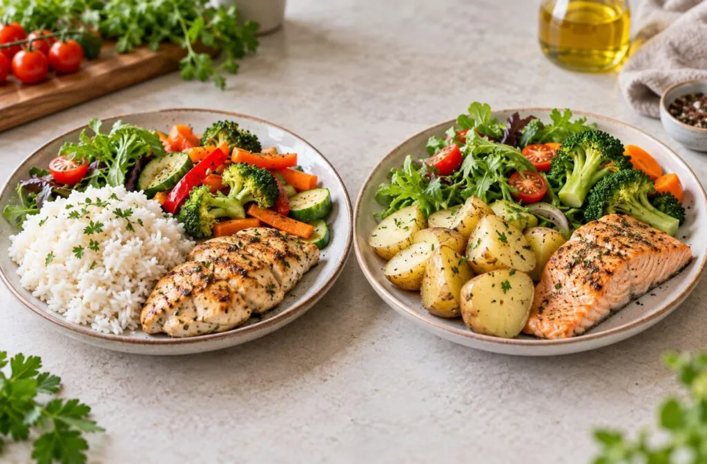 Platos con arroz y papa acompañados de verduras y proteínas que pueden modificar su impacto en la glucosa.