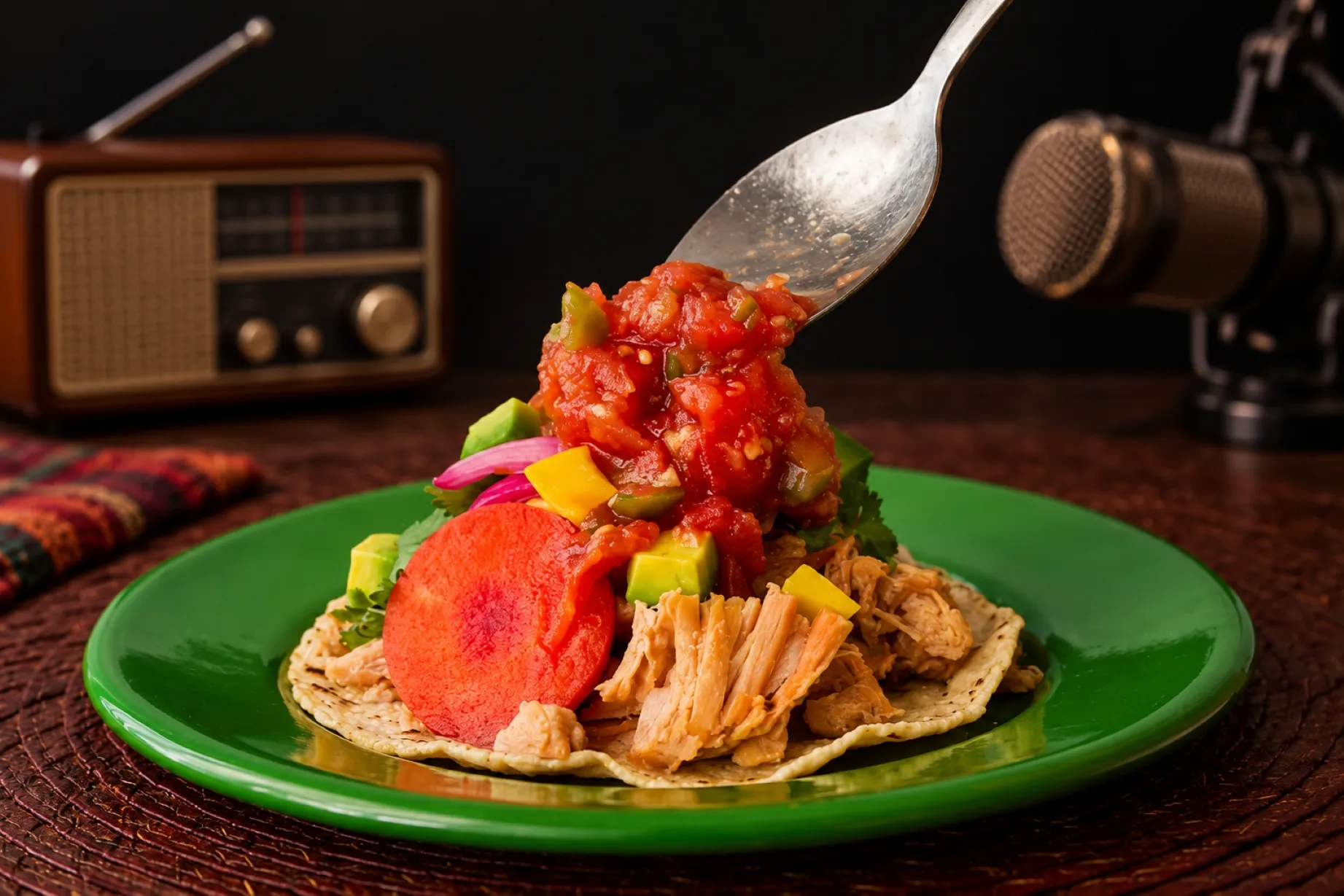 Familia hispana preparando una receta tradicional mientras escucha un programa de audio en una cocina de Estados Unidos.