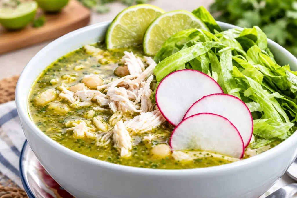 Pozole saludable preparado con maíz cacahuazintle, carne magra, lechuga, rábano y cebolla dentro de una comida equilibrada.