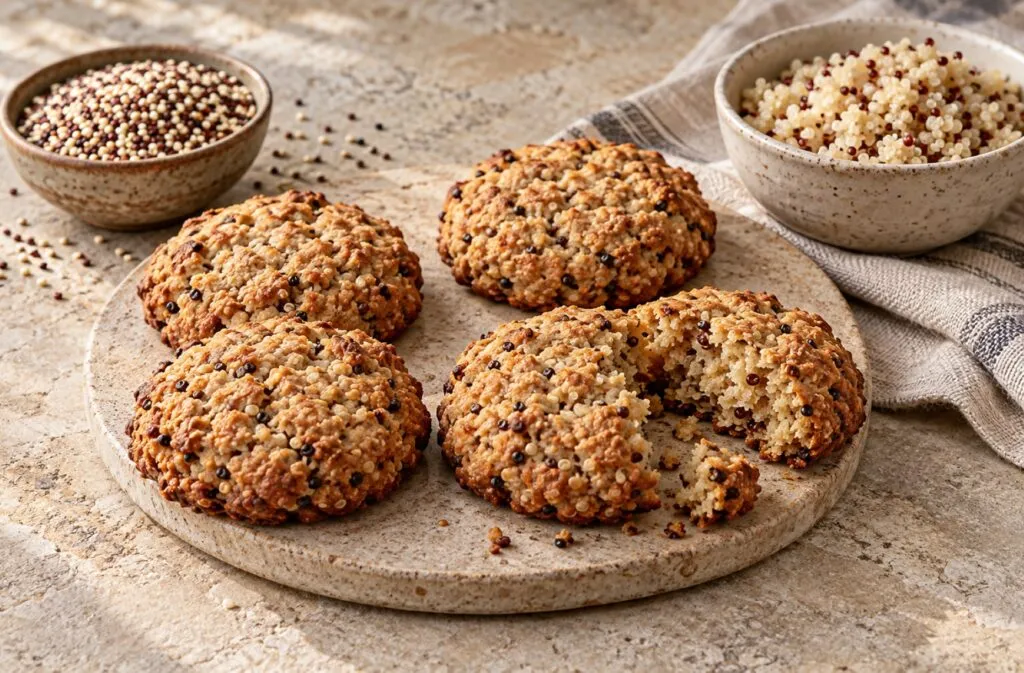 Galletas con quinoa junto a semillas del cereal relacionadas con un estudio sobre insulina, triglicéridos y salud metabólica.