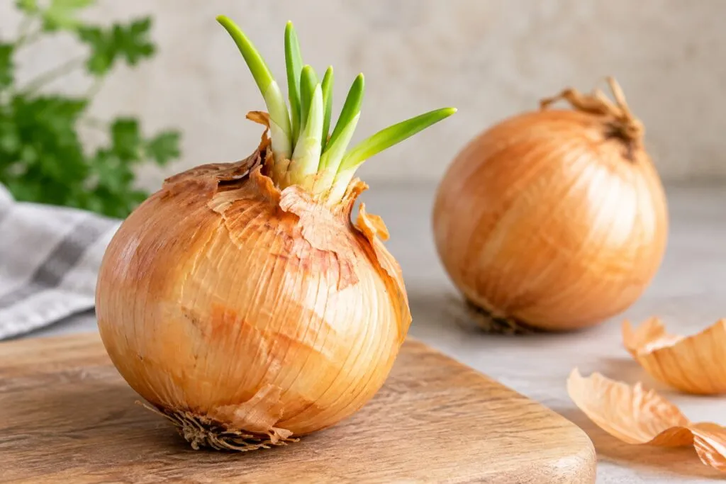 Cebolla con brotes verdes que todavía conserva una apariencia firme y saludable