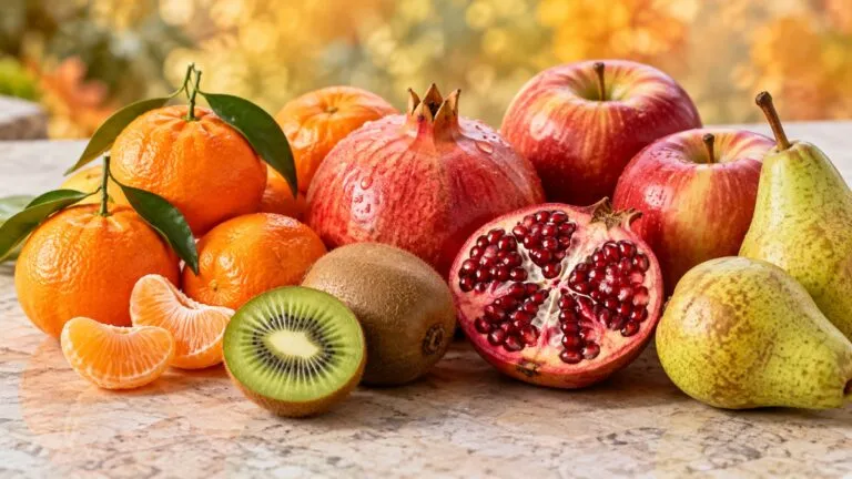 Frutas de temporada como mandarina, kiwi, granada, manzana y pera, fuentes de fibra, vitamina C y otros nutrientes.