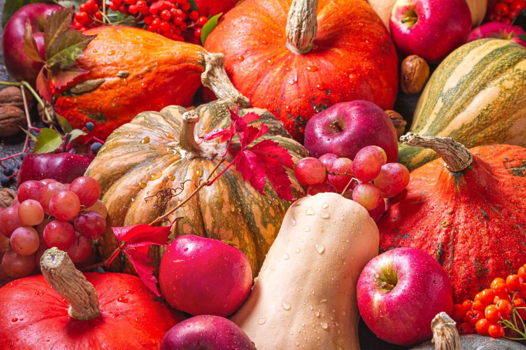 Frutas y verduras de otoño con fibra y vitaminas para preparar comidas saludables durante la temporada.