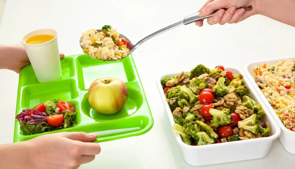 Menús escolares saludables con verduras, legumbres, cereales integrales y alimentos variados