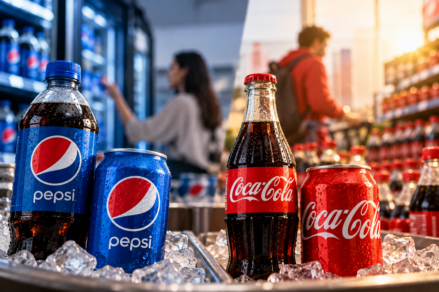 Botellas y latas de Pepsi y Coca-Cola sobre hielo en un supermercado con consumidores al fondo