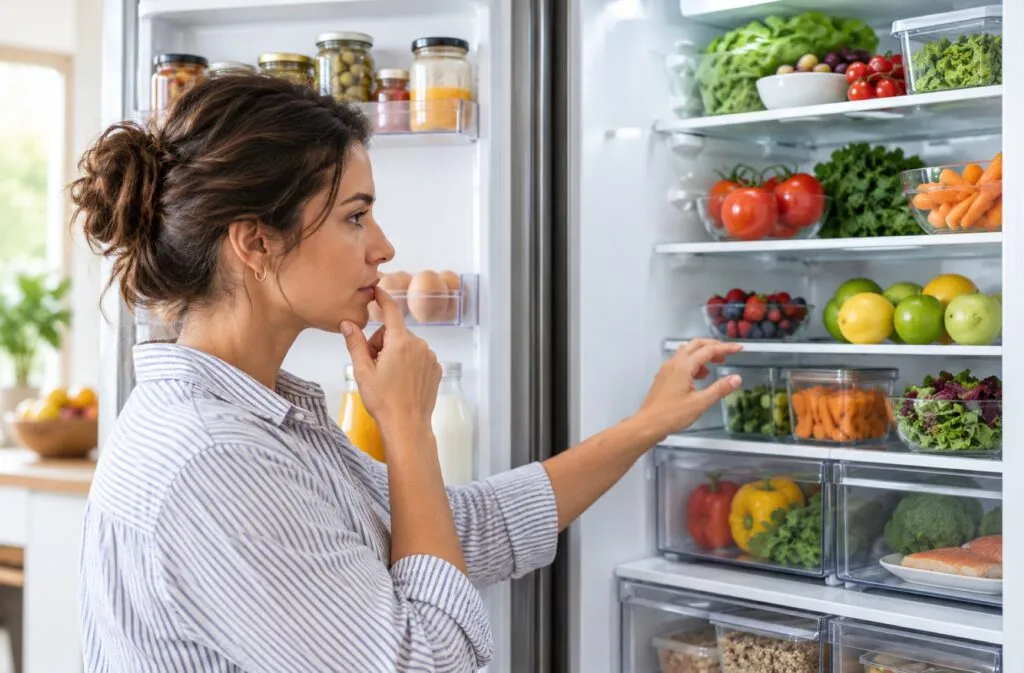 Plato con proteína, fibra y alimentos variados para reducir el hambre después de comer y lograr comidas más completas.